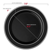 7.5-inch round black salad plates with elegant silver rim, durable plastic design