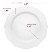 7.5-inch round blossom-style solid white plastic plate, with intricate edge detailing
