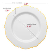 7.5-inch round disposable plastic plates in white with a gold rim and blossom design