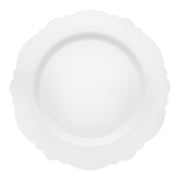 7.5-inch round disposable plastic plates in white with a silver rim and blossom design