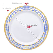7.5-inch round disposable plastic salad plates in white with a blue and gold decorative rim