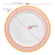 7.5-inch round disposable plastic salad plates in white with a red and gold decorative rim