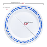 7.5-inch round salad plates in white plastic with a sophisticated blue and silver royal rim