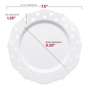 7.5-inch round white plastic salad plate featuring an elegant silver dotted blossom pattern