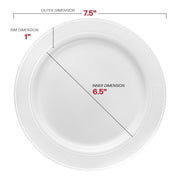 7.5-inch round white salad plates with elegant silver rim, durable plastic design