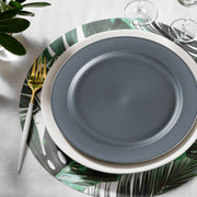7.5" charcoal appetizer plates arranged at a modern setup with deep-toned accents and urban style