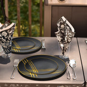 7.5" plates with artistic gold brushstrokes held salads and fruit at a luxury event.