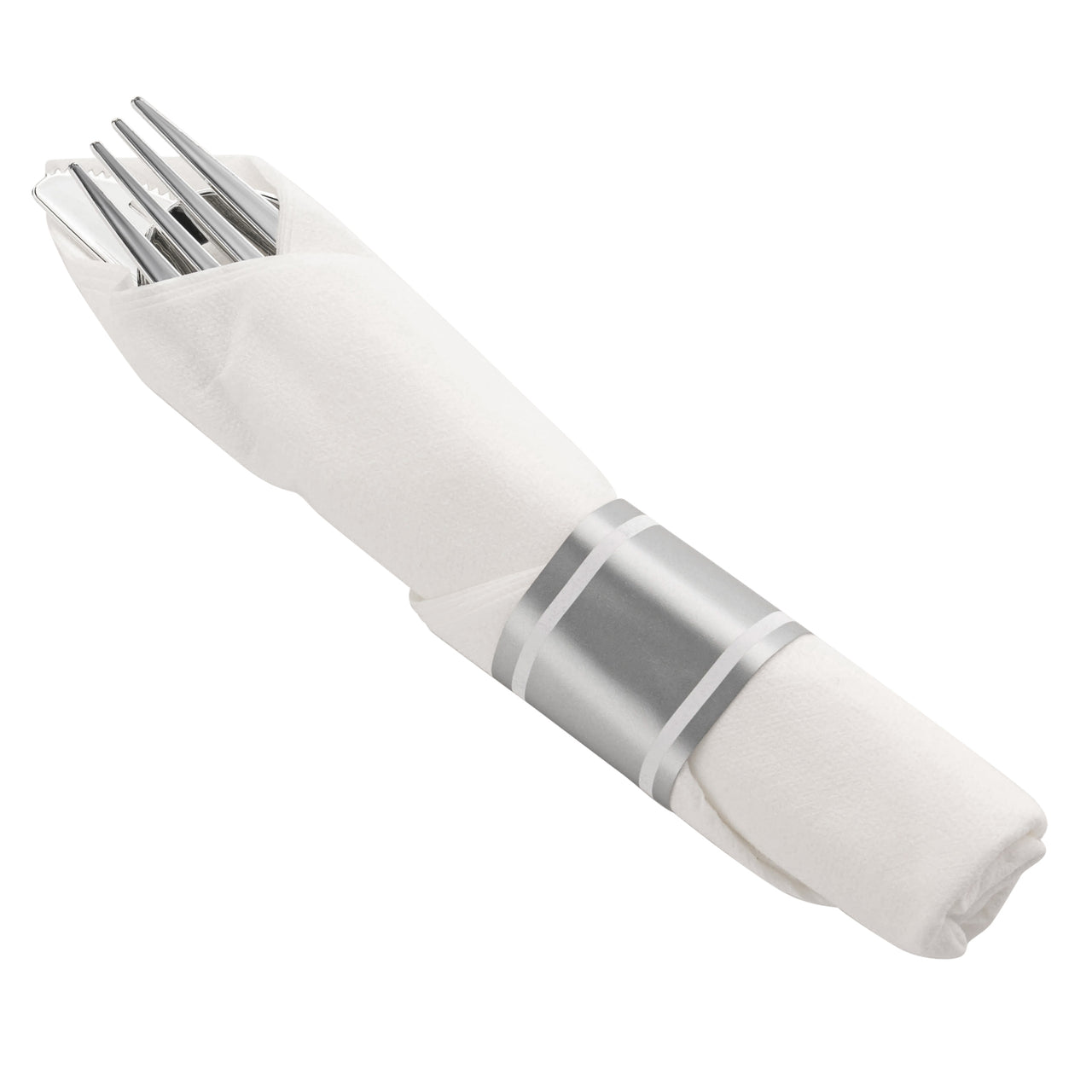 Silver Plastic Cutlery in White Napkin Rolls Set - 10 Napkins, 10 Forks, 10 Knives, 10 Spoons and 10 Paper Rings