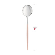 8-inch Moderno disposable plastic dinner spoons with a sleek silver scoop and a stylish pink handle