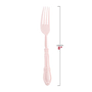 8-inch pink Baroque plastic forks with ornate handles, ideal for weddings and formal gatherings