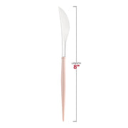 8-inch silver and pink Moderno disposable plastic dinner knives, featuring a stylish dual-tone design for contemporary dining