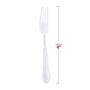 8-inch white Baroque plastic forks with ornate handles, ideal for weddings and formal gatherings