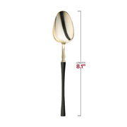 8.1-inch Moderno plastic dinner spoons with gold heads and black handles, sleek and comfortable design.