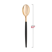 8.1-inch Moderno plastic dinner spoons with gold heads and black handles, sleek and comfortable design