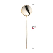 8.1-inch gold Moderno plastic dinner spoons, great for soups, main courses, and desserts at any event