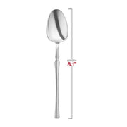 8.1" shiny silver plastic dinner spoons, case of 300, great for soups, desserts, cereal, and catering events.
