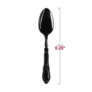 8.25" disposable black plastic dinner spoons with intricate Baroque accents, ideal for weddings, parties, and formal gatherings