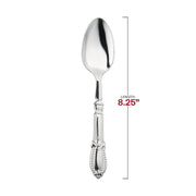 8.25" silver Baroque plastic spoons with a refined design, adding sophistication to any meal