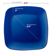 8.5-inch blue disposable buffet plates with a stylish rounded square shape, sold in a 120-piece set for convenience