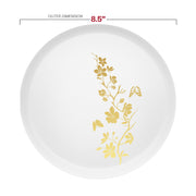 8.5" white floral salad plate in plastic styled with gold flatware and charger for photo-ready holiday tablescape