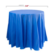 84-inch navy disposable plastic tablecloths with a round shape, perfect for celebrations, parties, and bulk event use, case of 96.