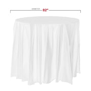 84-inch white round disposable plastic tablecloth designed for easy cleanup at parties and events, sold as a 96-count pack.