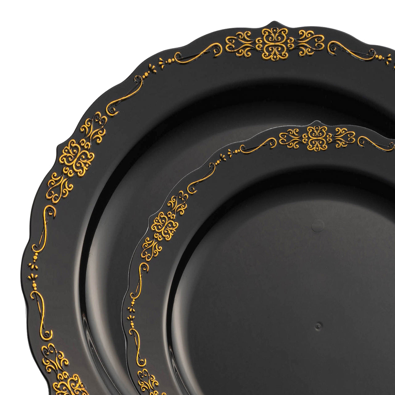 Black with Gold Vintage Rim Round Disposable Plastic Dinnerware Value Set