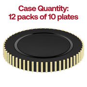 Image of a Black with Gold Pearl String Round Disposable Plastic Dinner Plate (10") featuring an elegant gold pearl string design around its edge. Above the plate, text reads "Case Quantity: 12 packs of 10 plates" in bold red font. Perfect for those seeking elegant disposable tableware.