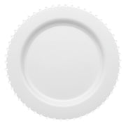 The White Pearl String Round Disposable Plastic Dinner Plate (10”) features a smooth surface with beaded edging around the rim, creating an elegant decorative border. Positioned centrally against a plain white background, this 10-inch white, round plate epitomizes sophistication in disposable dinnerware.