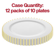 Image of a single White with Gold Pearl String Round Disposable Plastic Dinner Plate (10”). The text above the plate reads: "Case Quantity: 12 packs of 10 plates" in red letters. Perfect for weddings and parties, these elegant dinner plates feature a white design with a gold, decorative border.