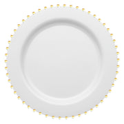 Introducing the "White with Gold Pearl String Round Disposable Plastic Dinner Plates (10”)". These elegant, round white plates feature a raised rim and a sophisticated gold pearl string along the edge, highlighted with evenly spaced tiny dots. The clean and simple design exudes elegance, making them perfect for formal dining occasions.