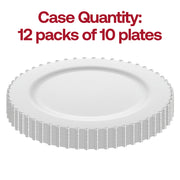 An image depicting a White with Silver Pearl String Round Disposable Plastic Dinner Plate (10”) with text above it in bold red font stating “Case Quantity: 12 packs of 10 plates.” The edge of the elegant plate is adorned with a textured, serrated design.