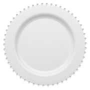 A round, white disposable plastic dinner plate featuring a smooth surface and a decorative rim adorned with small, evenly spaced raised beads. This elegant design, reminiscent of a silver pearl string, makes it perfect for weddings and parties. The product is named White with Silver Pearl String Round Disposable Plastic Dinner Plates (10”).