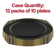 Image of Black with Gold Fancy Round Disposable Plastic Dinner Plates (10.25") stacked in three rows, with red text above reading "Case Quantity: 12 packs of 10 plates." These elegant plates are perfect for upscale events.