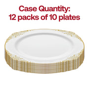 A stack of White with Gold Fancy Round Disposable Plastic Dinner Plates (10.25”) is shown. Text above the plates reads, "Case Quantity: 12 packs of 10 plates" in bold red letters. Perfect for a wedding party, these elegant and convenient disposable plates are ideal for any special event.