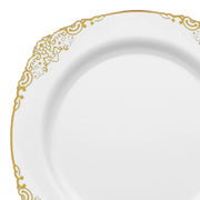 The White with Gold Fancy Round Disposable Plastic Salad Plates (7.5”) feature an elegant gold decorative pattern around the edge, complete with intricate swirls and floral motifs that add a touch of sophistication to this stylish disposable dinnerware option.