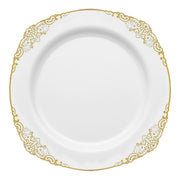 Presenting the White with Gold Fancy Round Disposable Plastic Salad Plates (7.5”). These elegant plates boast a pristine white center and feature intricate gold-patterned borders adorned with floral and swirl motifs, adding a touch of sophistication to any setting. Ideal for upscale events, each plate combines functionality with exquisite design.