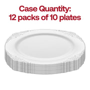 A stack of white, decorative plates with intricate edge patterns is displayed, with text in bold red letters above the plates reading "Case Quantity: 12 packs of 10 White with Silver Fancy Round Disposable Plastic Salad Plates (7.5”).