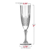 8 oz Crystal cut plastic champagne flutes with dimensions of 2.25” x 9” x 2.75”, disposable and ideal for formal gatherings