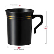 8 oz black with gold edge rim round plastic coffee mugs, measuring 3 inches wide, 3.5 inches tall, and 2.5 inches at the base