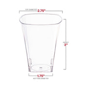 8 oz clear square plastic cups with dimensions of 2.75” x 3” x 1.75”, modern design, disposable, and perfect for events