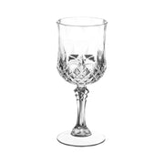 8 oz crystal cut plastic wine glasses with a decorative design, measuring 3 inches by 6.75 inches, in a pack of 48