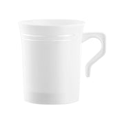 8 oz disposable white plastic mugs with a silver trim, perfect for serving coffee, tea, or hot chocolate
