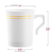 8 oz white plastic coffee mugs with a gold edge rim, measuring 3 inches wide by 3.5 inches tall with a 2.5-inch base, pack of 120