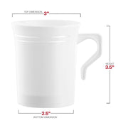 8 oz white round plastic coffee mugs with silver edge rim, 3” x 3.5”, available in a 120-pack