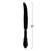 9-inch black disposable plastic dinner knives featuring an intricate Baroque-style handle, ideal for elegant table settings; pack of 480