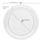 9-inch clear plastic buffet plates with a floral pattern, ideal for serving meals at weddings, parties, or gatherings.