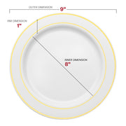 9-inch round white buffet plates with decorative gold rim, durable plastic