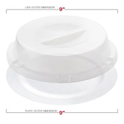 9-inch solid white disposable buffet plates with sturdy clear lids, great for keeping food fresh during gatherings
