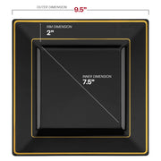 9.5-inch black plastic dinner plates with a sleek gold square edge rim, perfect for upscale events